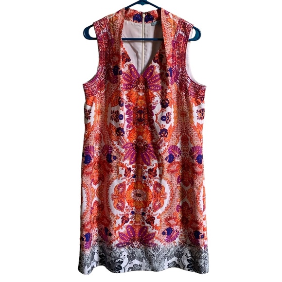 Antonio Melani Dress 10 Orange Blue Floral Sleeveless V-Neck Lined Belt Loops - Picture 1 of 12